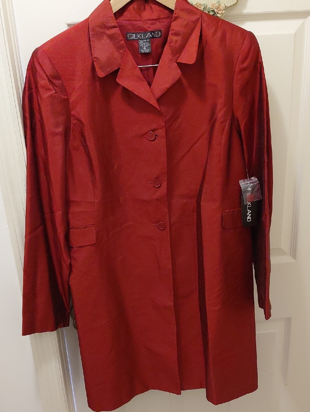 SilkLand Deep Red Satin Button-Front Coat